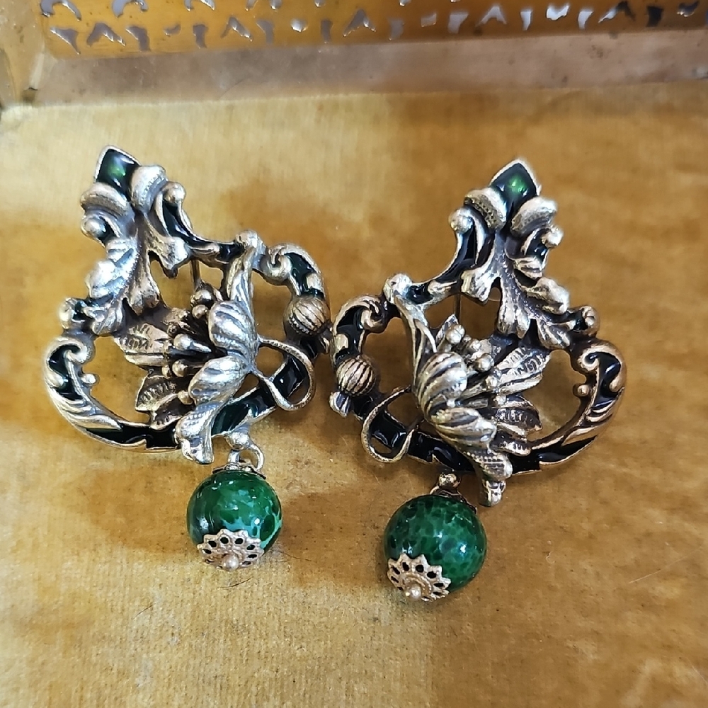 Heavy KJL Gold Tone Ornate Earrings